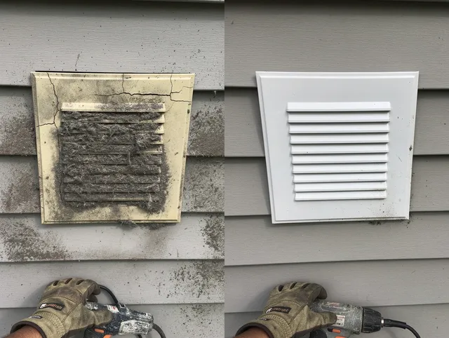 Valley Falls Dryer Vent Cleaning technician installing high-quality dryer vent cover at a residential property in Valley Falls