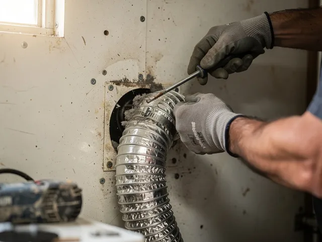 Valley Falls Dryer Vent Cleaning technician performing precise dryer vent hose installation in Valley Falls